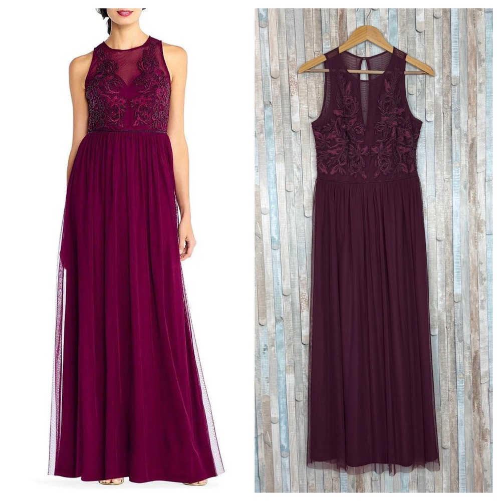 Adrianna Papell 6 Filigree Beaded Embroidered Tulle Gown Dress Bridesmaid Formal